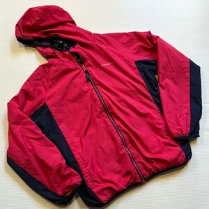 Eddie Bauer pink & blue, flowered reversible hooded jacket.  Girls size large